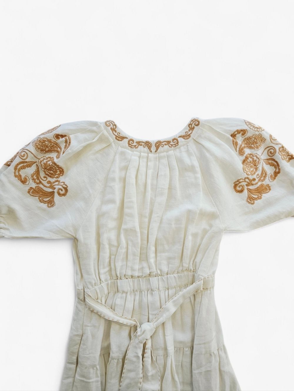 Cartolina Lizette Linen Blend Embroidered Belted Puff Sleeve Ivory Midi Dress M - Picture 8 of 16